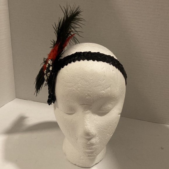 Red and Black Feathered, Beaded, Sequin Headband - Picture 3 of 6